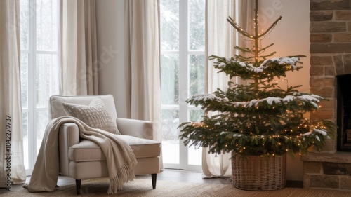 A cozy living room with a christmas tree, an armchair, and a fireplace, creating a warm and inviting atmosphere for the holiday season