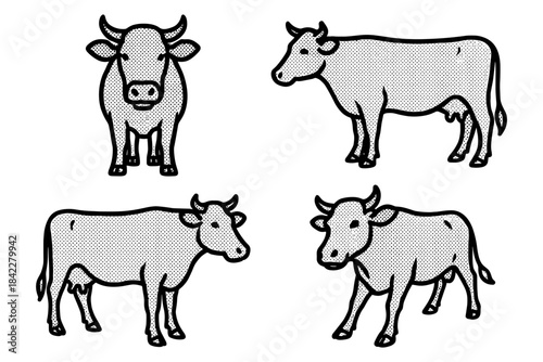 Vintage halftone cows: retro style livestock illustration set