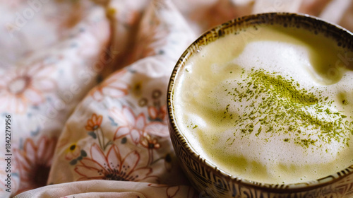 Warm Floral Fabric with Cozy Matcha Latte