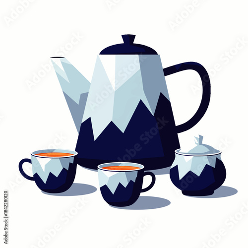 Stylized geometric teapot with cups and sugar bowl featuring a modern mountain pattern design.