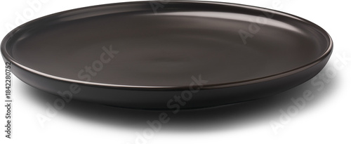 empty matte black ceramic plate isolated white background, mockup template for food photography with realistic shadow, side view with copy space