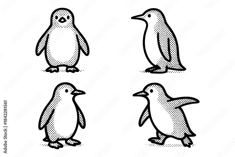 Naklejka premium Cute penguin set in vintage retro pop art style