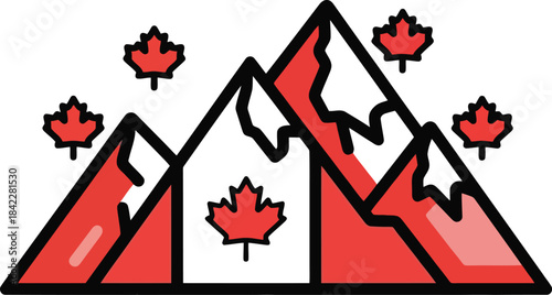 Canadian mountains with maple leaves Canada symbol red white.