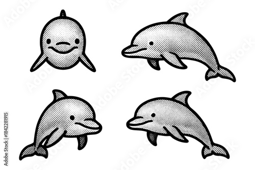 Retro pop art dolphins set with halftone effect in black and white