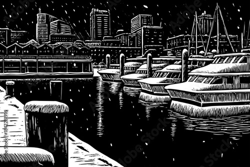 Seattle is depicted in a snowy sketch with outlined piers, snow covered rooftops, distant skyline silhouettes, and delicate pencil strokes illustrating its calm winter waterfront atmosphere