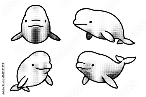 Cute halftone whale sketches: playful marine animal designs in black and white