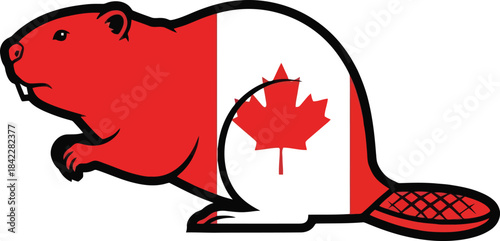 Canadian beaver with red maple leaf flag.