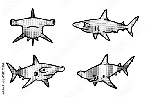 Retro comic style sharks collection: hammerhead and great white in pop art design