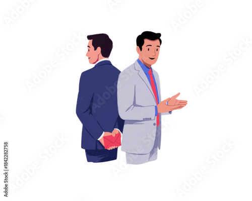 Two businessmen discreetly exchanging a red envelope in a clandestine meeting