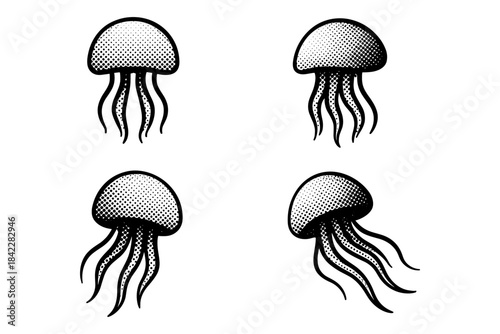 Retro black and white halftone jellyfish set with tentacles