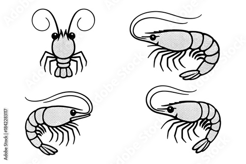 Retro style shrimp and prawn set with halftone texture in black and white