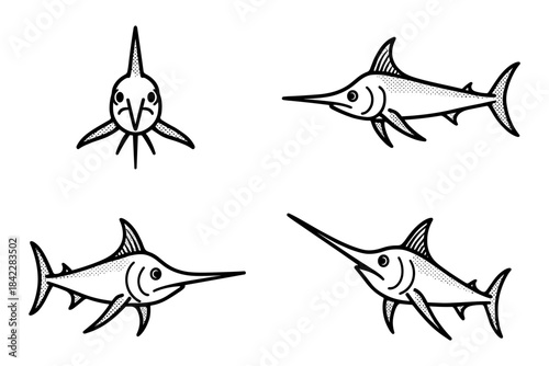 Set of hand drawn swordfish illustrations in classic ink style
