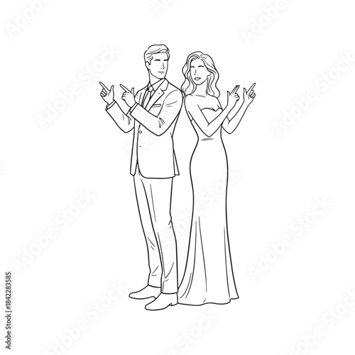 Line drawing illustration of a stylish couple standing back to back making finger gun gestures, wearing formal suit and dress, symbolizing partners in crime or secret agents.
