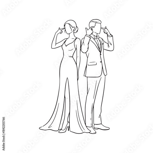 Line drawing illustration of a stylish couple standing back to back making finger gun gestures, wearing formal suit and dress, symbolizing partners in crime or secret agents.
