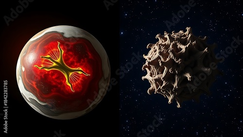 Two stem cells side by side—one vibrant on Earth, the other withered in starry space.