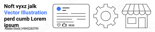 Social media, technology, small businesses, online platforms, user interaction, business growth. Minimalistic elements include a social media profile, gear and shop facade. Social media