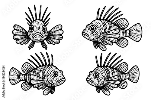 Set of hand-drawn lionfish illustrations in black and white dotwork style