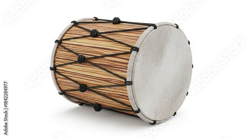 A wooden drum with a lightcolored drumhead is tied with dark cord in a simple horizontal pattern