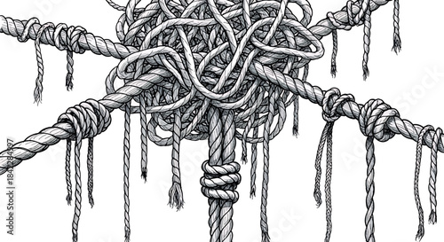 Tangled ropes, knots, and cords on white background