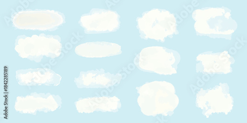 Watercolor cloudy color stains set. Delicate, weightless, light, translucent brush strokes. Calm and innocent, elegant backgrounds for design. Vector graphics