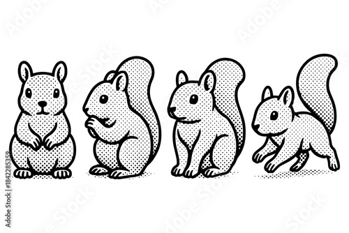 Pop art style squirrels: playful halftone animal illustrations in black and white