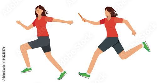 Relay Baton Handover Runners Illustration set – Track and Field Sprint Athletes, Asian women