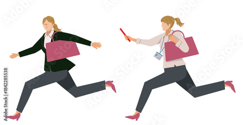 Relay Baton Handover Runners Illustration – Track and Field Sprint Athletes. white woman.