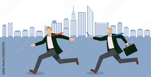 Relay Baton Handover Runners Illustration – Track and Field Sprint Athletes. Two man. Buildings in the Background