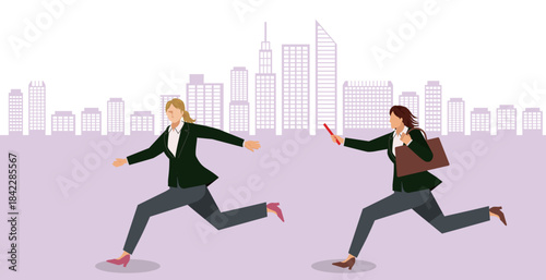Relay Baton Handover Runners Illustration – Track and Field Sprint Athletes. Two woman. Buildings in the Background