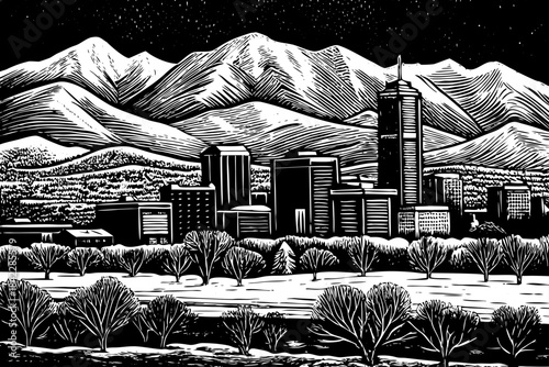Denver Winter Mountain City Sketch featuring outlined buildings, rocky mountain backgrounds, snow-covered streets, and crisp pencil textures capturing the city’s high altitude winter identity