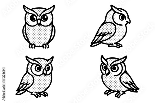 Cartoon dotwork owl set with diverse poses and vintage style