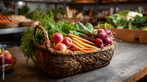 A woven basket filled with apples, carrots, radishes, and leafy greens arranged artistically on a wooden counter