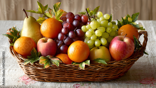 A woven basket full of mixed fruits including oranges, pears, apples, and grapes arranged with leafy accents