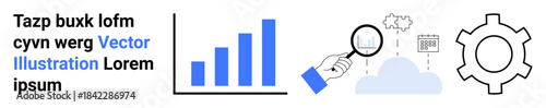 Bar chart visualizing growth, magnifying glass exploring data, cloud indicating storage, and a gear symbolizing settings. Ideal for data analysis, business strategies, cloud solutions, tech
