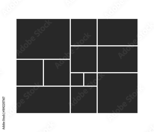 An abstract geometric pattern with unequal divisions creating a visual framework for organizing and displaying multiple photographs in a single layout.