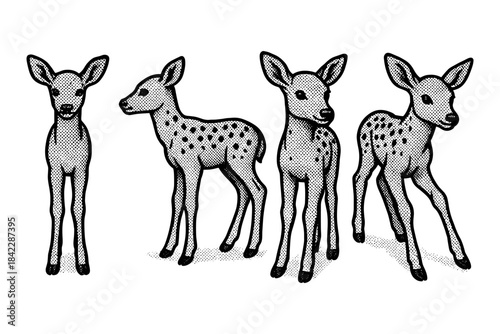Vintage comic style fawn set with halftone effect