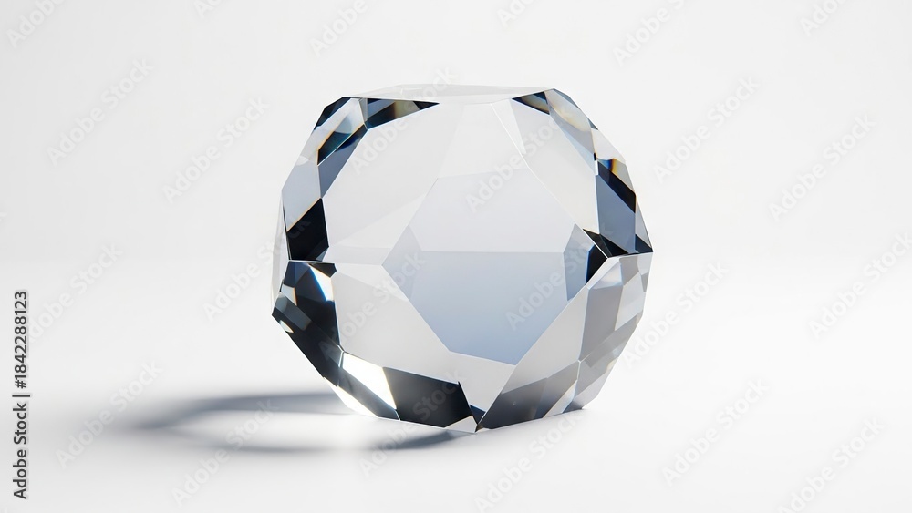 Naklejka premium Faceted glass sculpture on white surface reflecting light and shadow