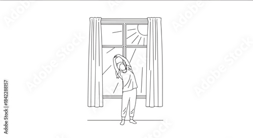Woman stretching in front of a sunny window