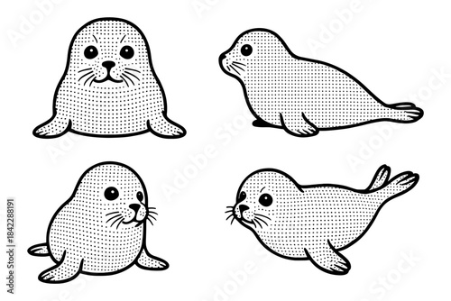 Cute halftone seal designs show various poses in vintage style