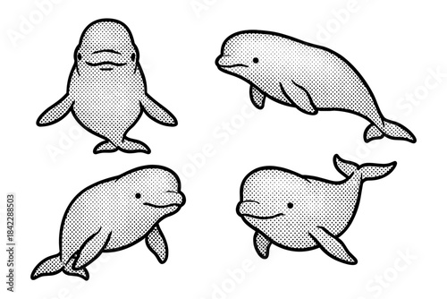Pop art style beluga whale illustrations with halftone dots