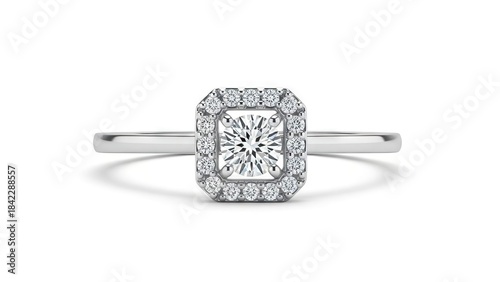 A silver ring featuring a central diamond surrounded by smaller diamonds set in a square shape on a white background