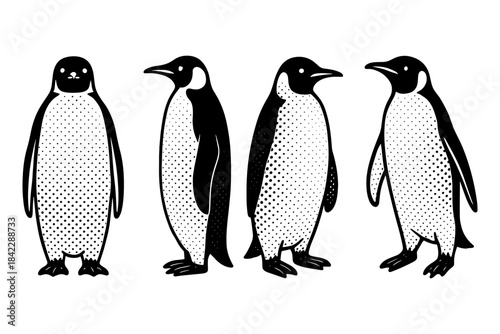Vintage penguins: retro hand-drawn black and white penguin collection