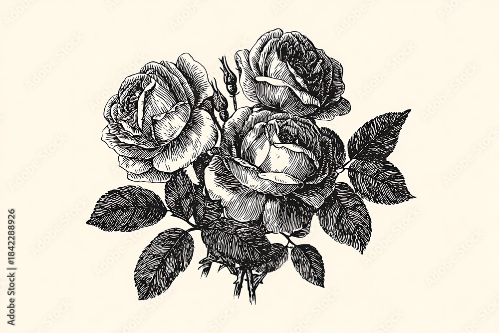 Obraz premium Elegant Vintage Illustration of Three Roses with Detailed Leaves on Soft Neutral Background