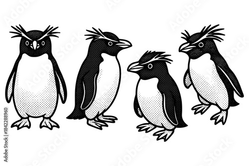 Halftone penguin group in retro monochrome style