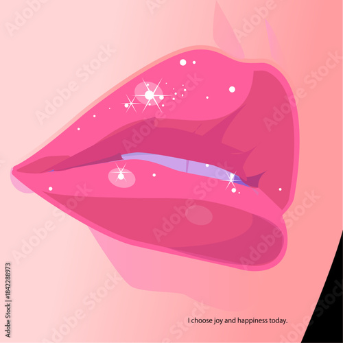 小さな輝きで飾られた光沢のあるピンクの唇のクローズアップ