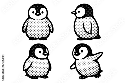 Cute baby penguin drawings in halftone style