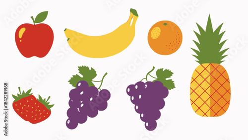 A vibrant collection of fresh and healthy fruits including apple, banana, orange, pineapple, strawberry, and grapes, illustrated on a white background.