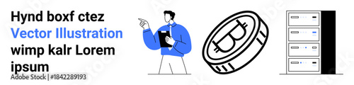 Cryptocurrency, blockchain, fintech solutions, data storage, business operations, and investment strategies. Bitcoin coin graphic, professional pointing and server stack. Cryptocurrency