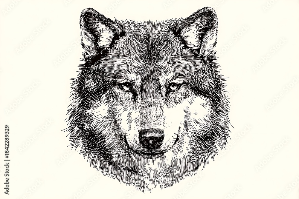 Fototapeta premium Realistic Black and White Illustration of a Wolf Head with Detailed Fur and Intense Expression