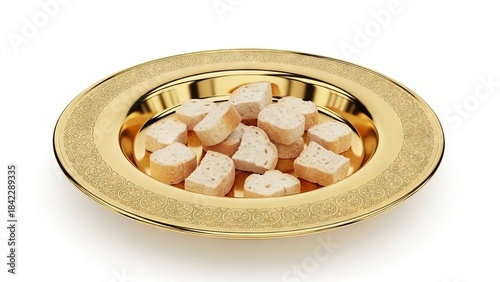 Gold plate piled with pieces of bread on a white background